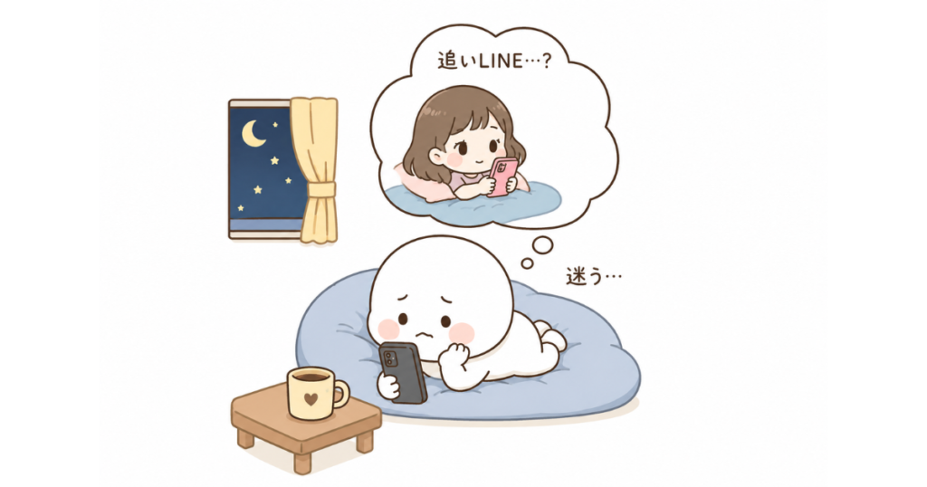 布団の上でスマホを見ながら、追いLINEを送るか迷っている白いキャラクターのイラスト
