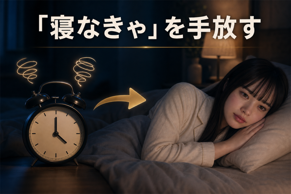 眠れない夜、ベッドに横になり「眠れなくても休めている」と自分を落ち着かせる女性