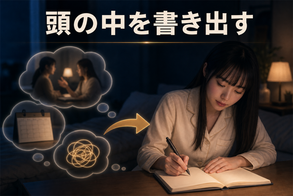 夜の寝室で、頭から離れない出来事や明日の予定をノートに書き出す女性