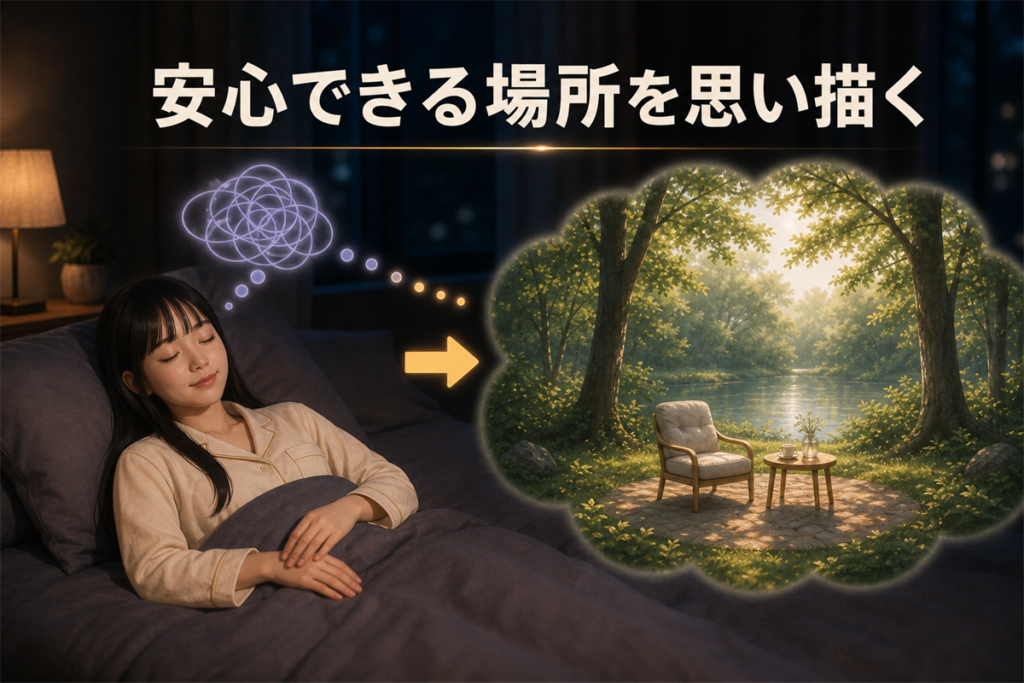 眠れない夜に目を閉じ、木漏れ日の森や静かな水辺を思い浮かべる女性