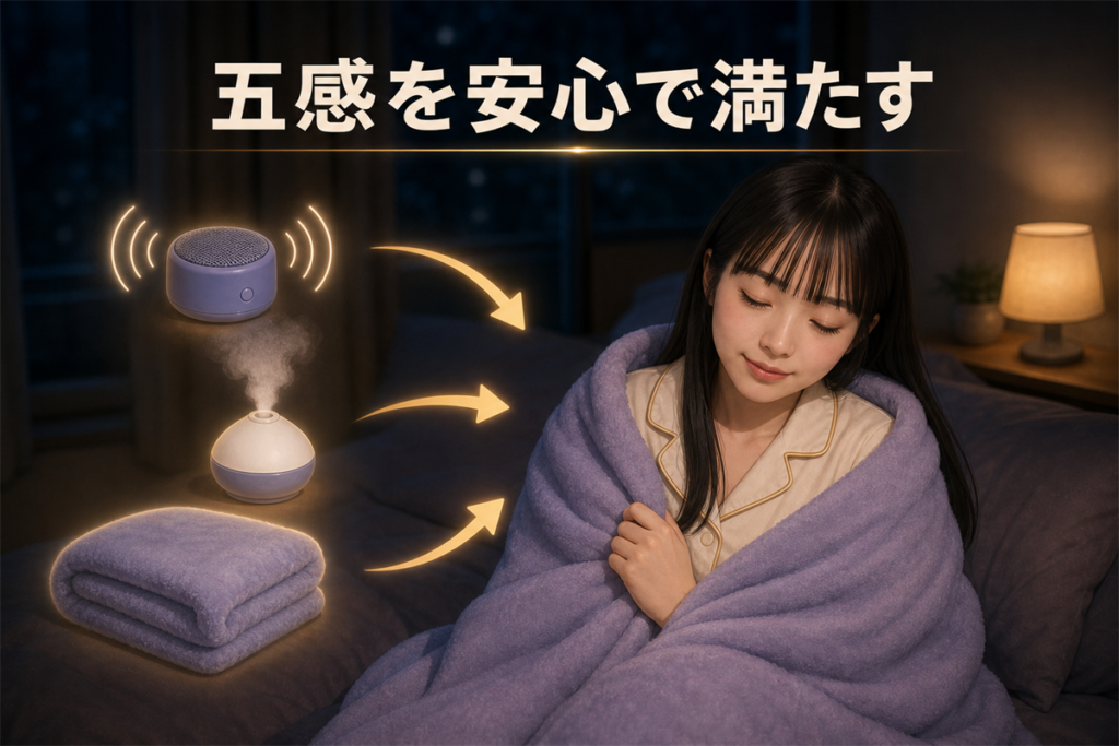 雨音と穏やかな香りを取り入れ、柔らかなブランケットに包まれて休む女性