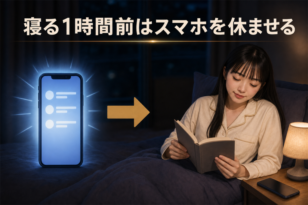 寝る前にスマートフォンを伏せて離れた場所へ置き、暖かな照明で本を読む女性