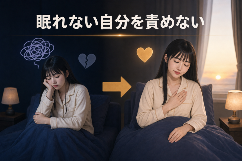 眠れなかった自分を責めず、夜明けの光が差すベッドで静かに体を休ませる女性