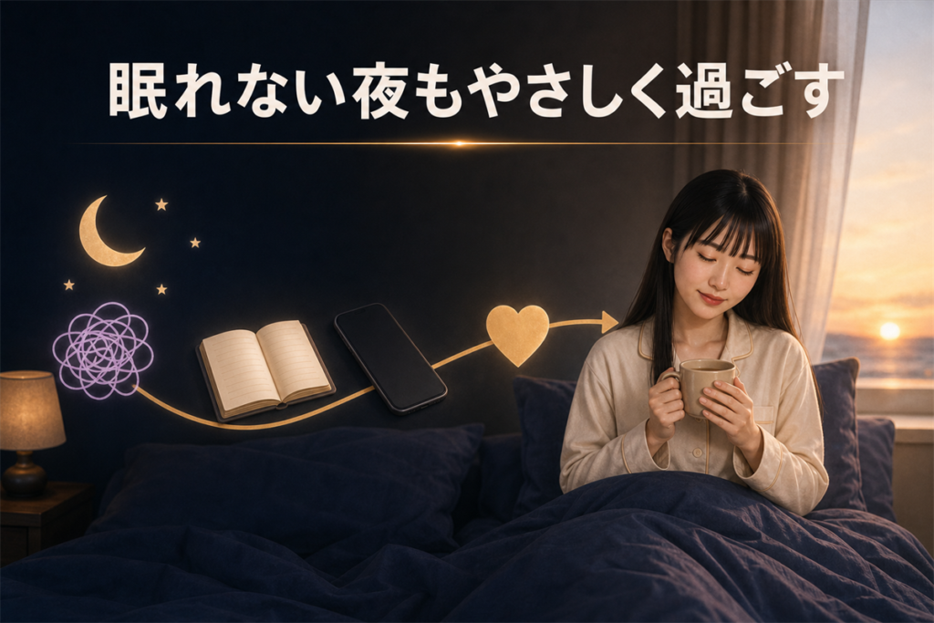 眠れない夜を過ごしたあと、朝の光が差す窓辺で温かい飲み物を手にする女性