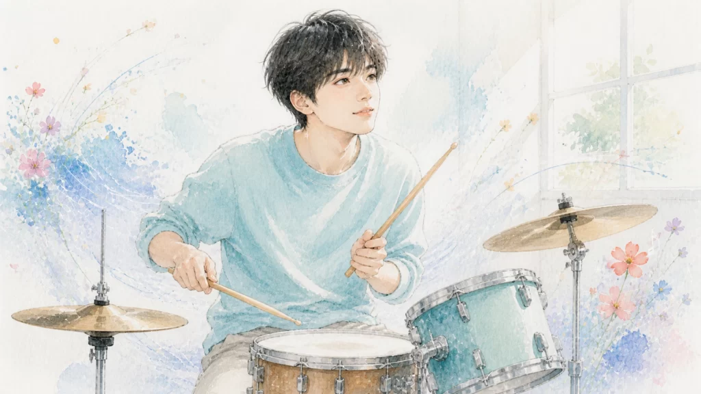 青年が明るい練習室で2本のドラムスティックを持ち、ドラムを演奏している水彩画