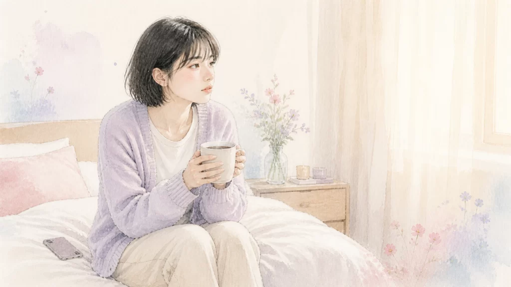 ショートボブの女性がベッドに座り、温かい飲み物を手に静かに休んでいる水彩画