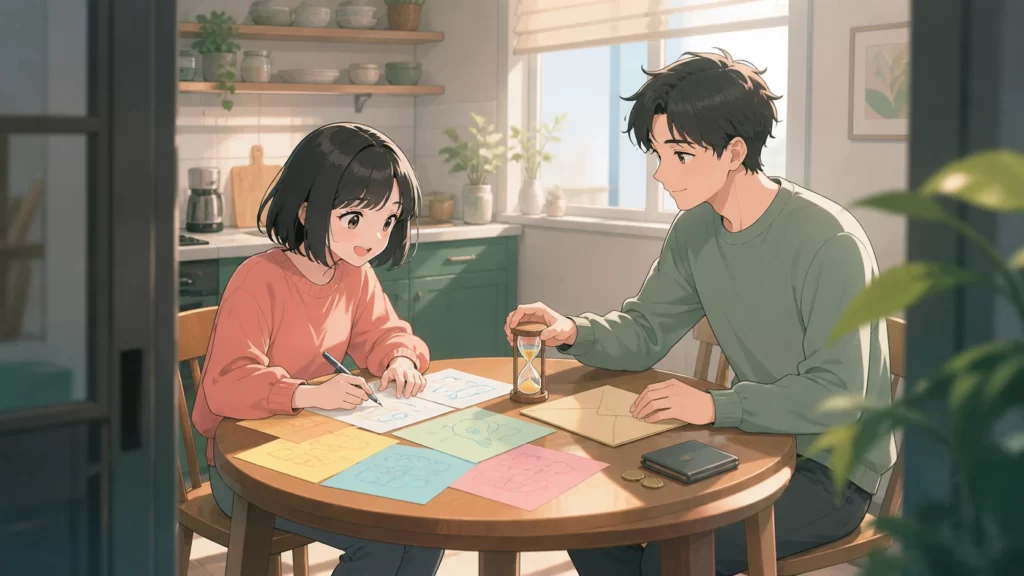 大きな計画を紙に描く女性と、契約書や財布の前に砂時計を置いて一緒に考える男性のイラスト