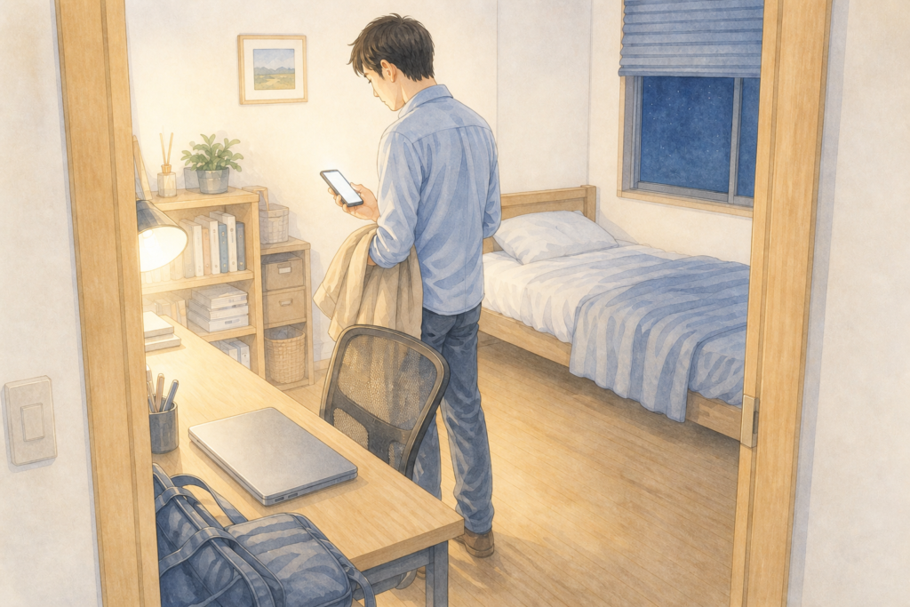 柔らかな照明の寝室で、上着を腕に掛けてスマートフォンを見る男性。手前に仕事用のパソコンと鞄、奥にベッドがある水彩イラスト。