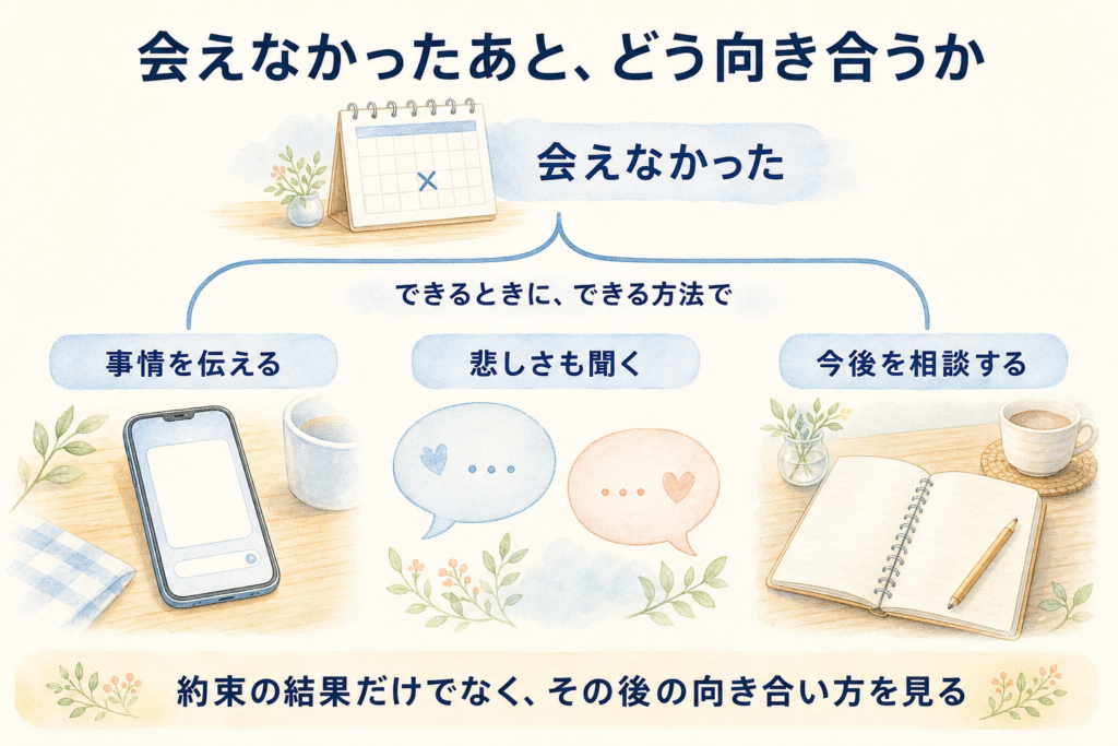 「会えなかった」という出来事から、事情を伝える、悲しさも聞く、今後を相談するという3つの対応を示した図。「できるときに、できる方法で」と添えている。