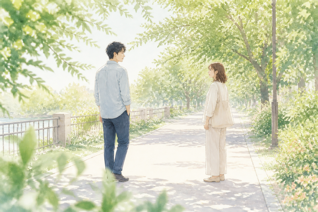 明るい木漏れ日の差す並木道で、少し距離を空けて向き合う男女を描いた水彩イラスト。
