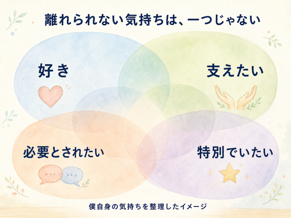 好き、支えたい、必要とされたい、特別でいたいという4つの気持ちを、重なり合う淡い色の楕円で表した図。