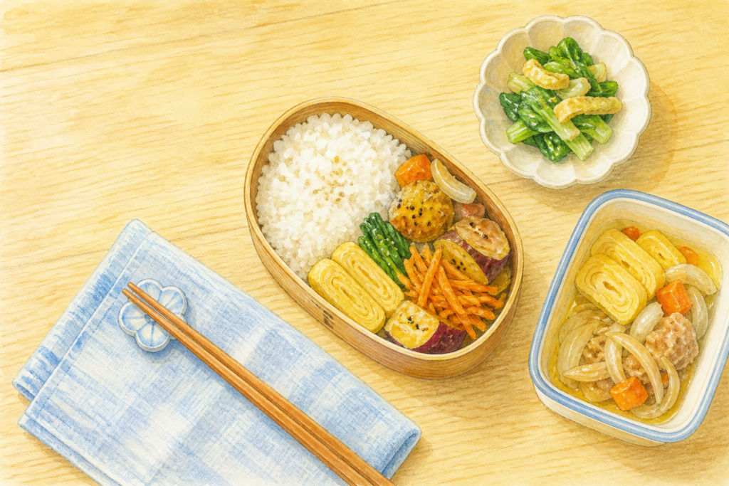 明るい木の食卓に、ご飯と彩りのあるおかずを詰めた弁当箱、手料理の器、青い布と箸が並ぶ、真上から見た水彩イラスト。