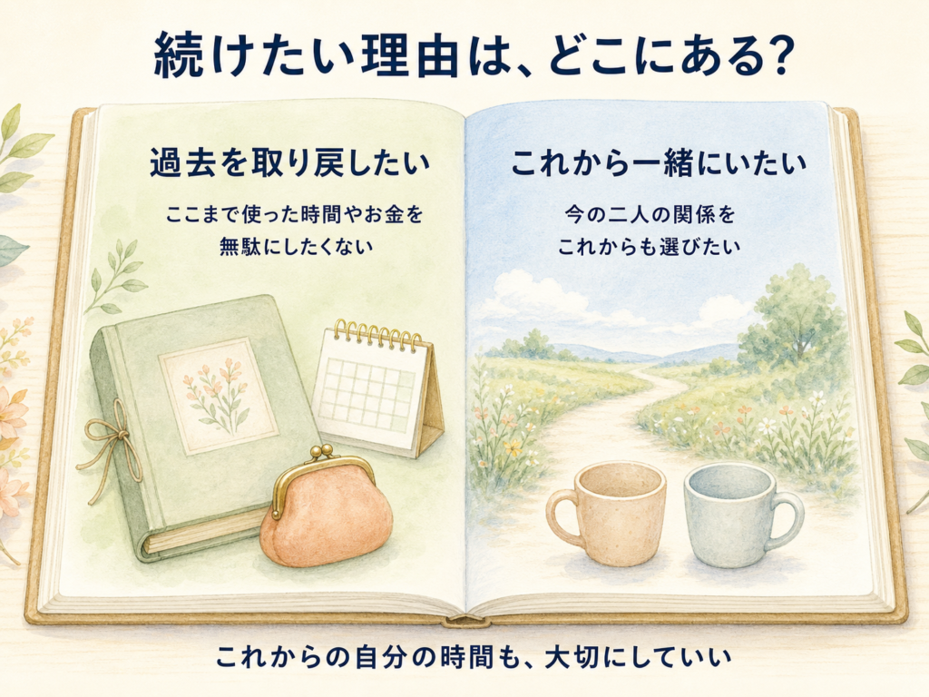 ノートの左ページに「過去を取り戻したい」、右ページに「これから一緒にいたい」を配置し、過去の時間やお金への思いと、今後の関係を選ぶ気持ちを比べた図。