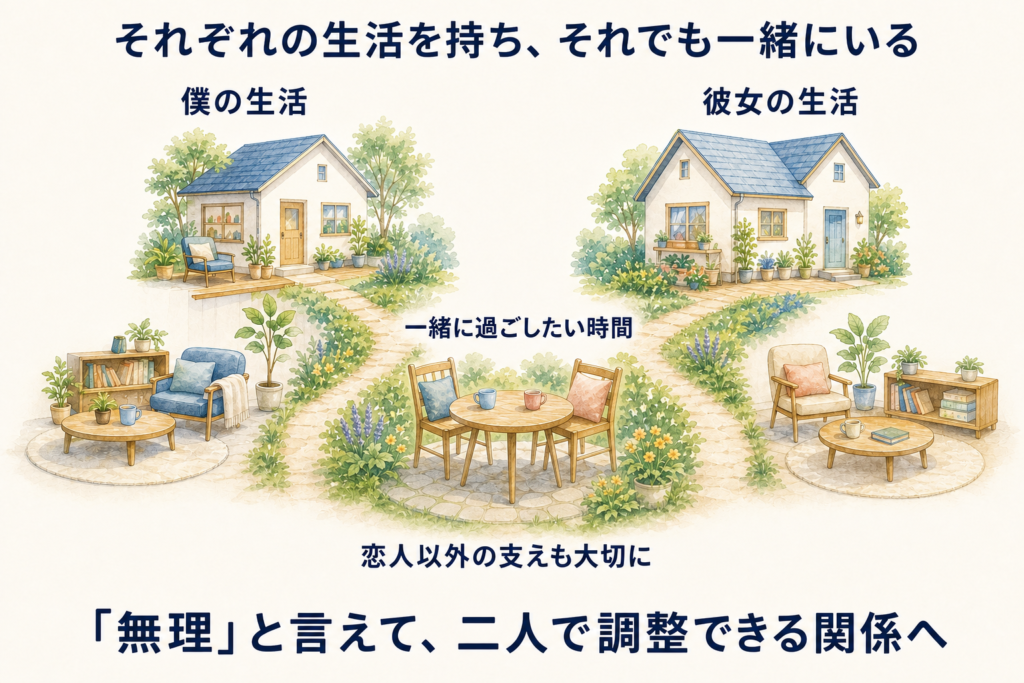 「僕の生活」と「彼女の生活」を表す二つの家から、二人分の椅子とカップがある共有の庭へ道がつながる図。恋人以外の支えも大切にする関係を表している。