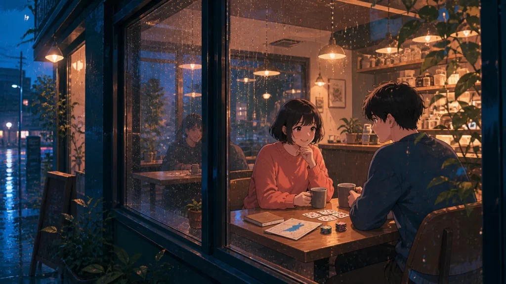 雨の夜のカフェで飲み物を囲み、ポーカーを楽しむ男女と北海道の地図を描いたイラスト