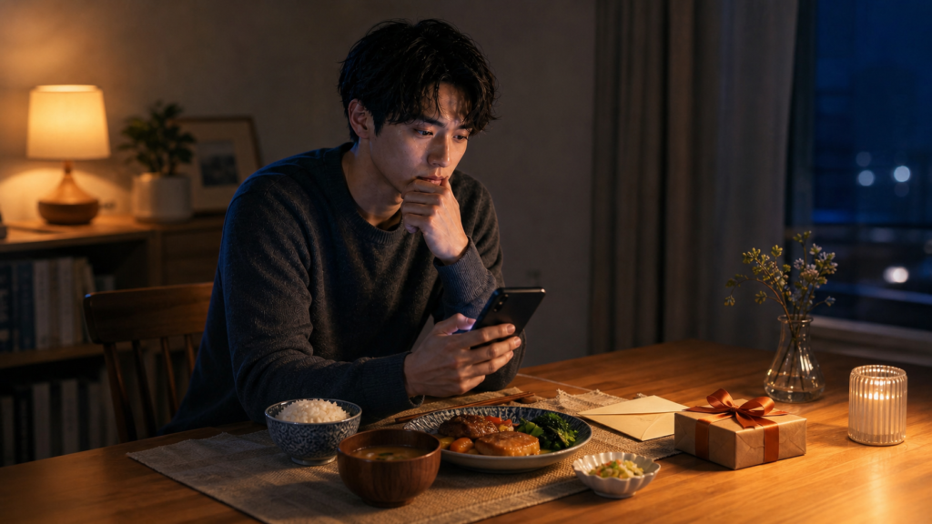 彼女からの手料理や手紙とプレゼントを前に、スマートフォンを見て不安になる男性