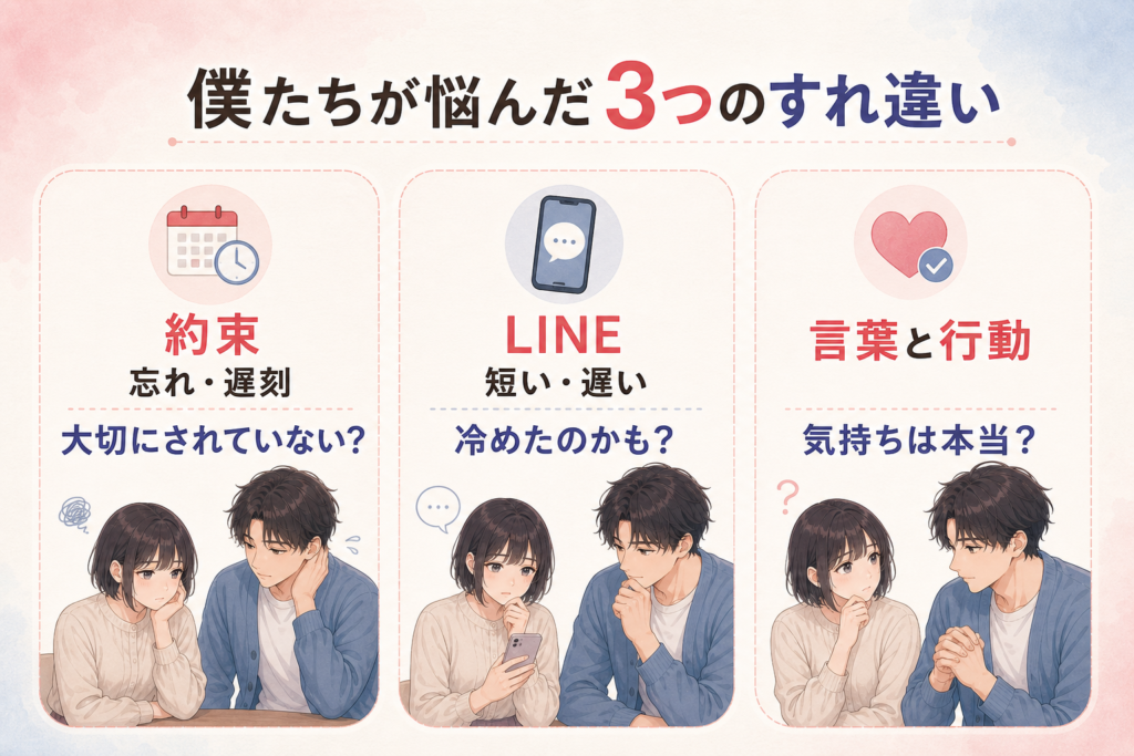 約束の忘れや遅刻、LINEの温度差、言葉と行動の差による3つのすれ違いを示した図解