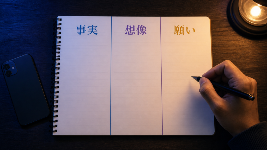 夜職の彼女への不安を事実・想像・願いの3列に分けて書くノート