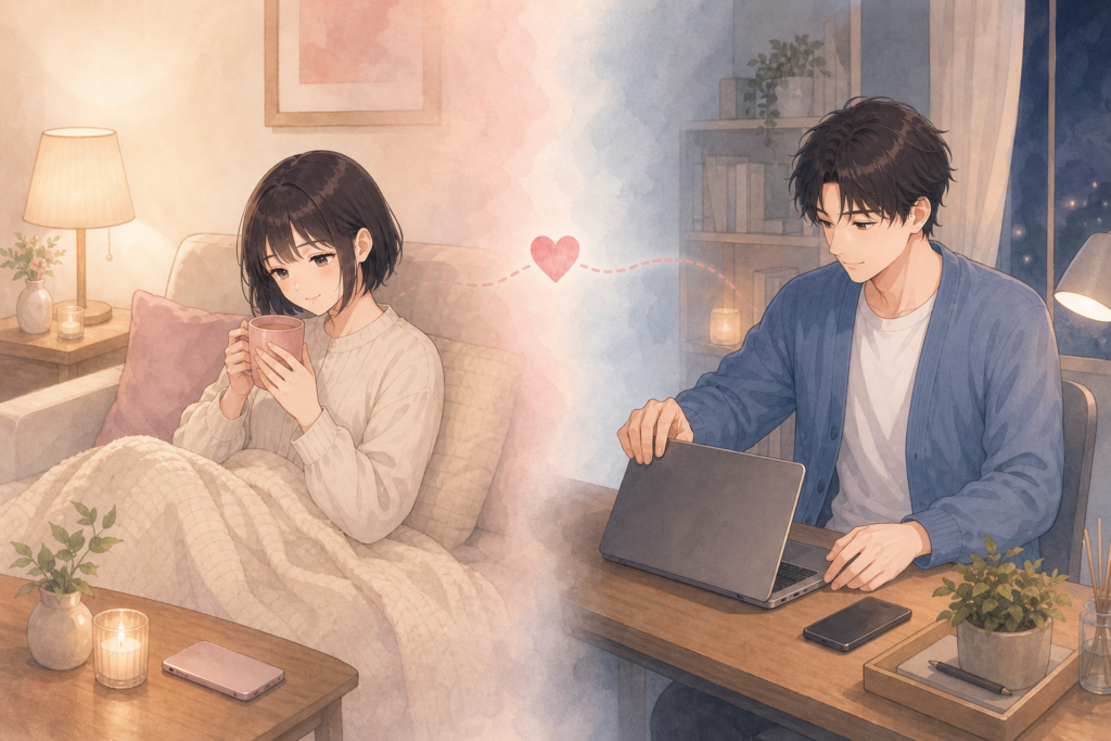 別々の部屋で女性が休息し、男性が仕事を終えながら、小さなハートでつながっているカップルのイラスト