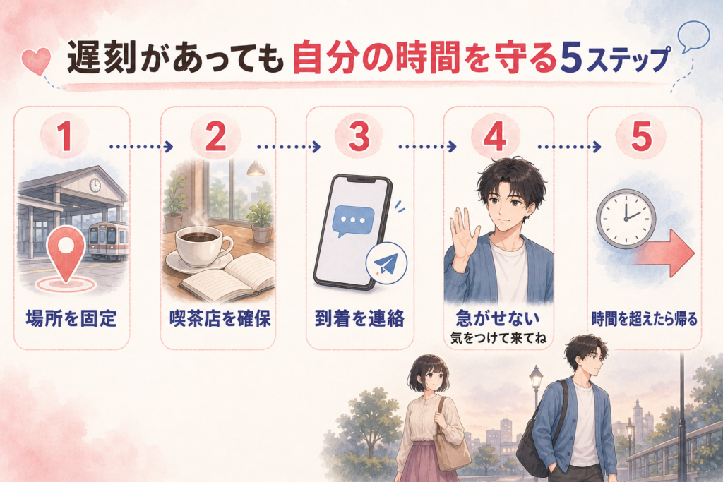 待ち合わせ場所の固定から、決めた時間を超えたら帰るまでの5つの遅刻対策を示した図解