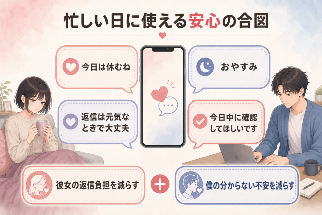 忙しい日に使える4つの短いLINEと、恋人同士の負担や不安を減らす効果を示した図解