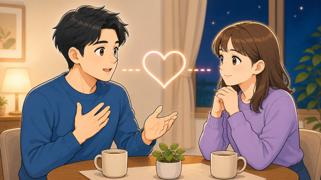 夜に向かい合い、彼女を責めずに自分の気持ちを話す男性