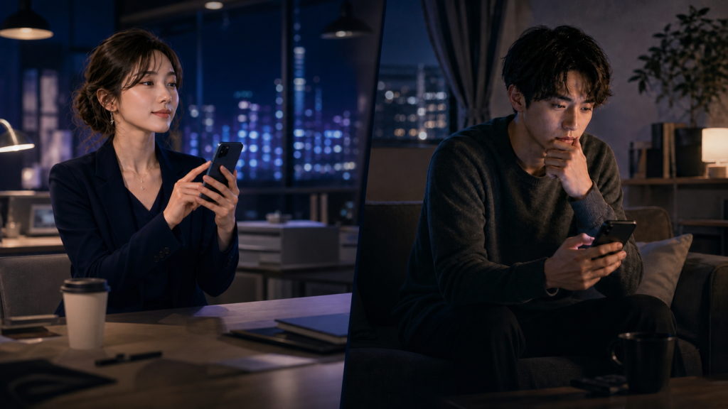 仕事用SNSを更新する夜職の女性と、LINEの返信を待ちながら不安を感じる男性