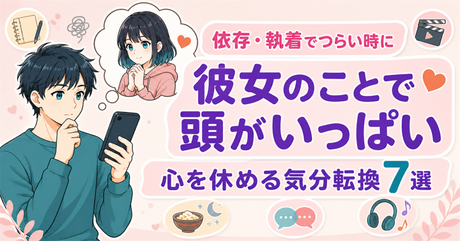 「彼女のことで頭がいっぱい、心を休める気分転換7選」と書かれた、スマホを見つめる男性と彼女のイラスト