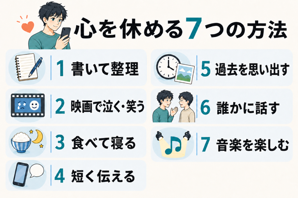 彼女のことで頭がいっぱいな時に試す、書く、映画、食事と睡眠、短い連絡、過去の経験、相談、音楽の7つの気分転換