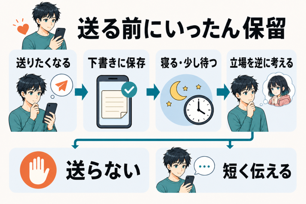 メッセージを下書きに保存し、寝るか少し待ってから相手の立場で考え、送るか決める流れ