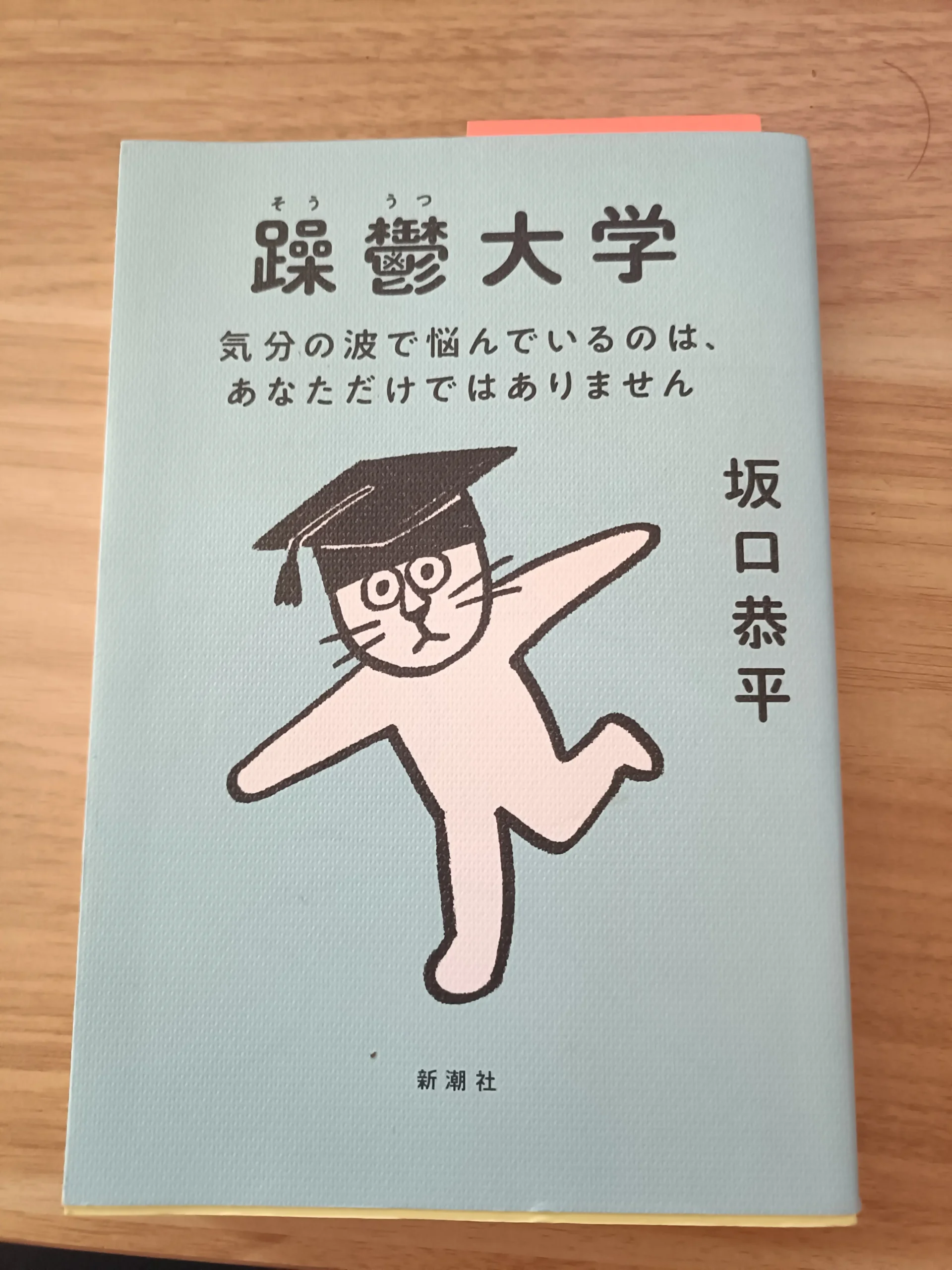 木の机に置いた坂口恭平著『躁鬱大学』の表紙