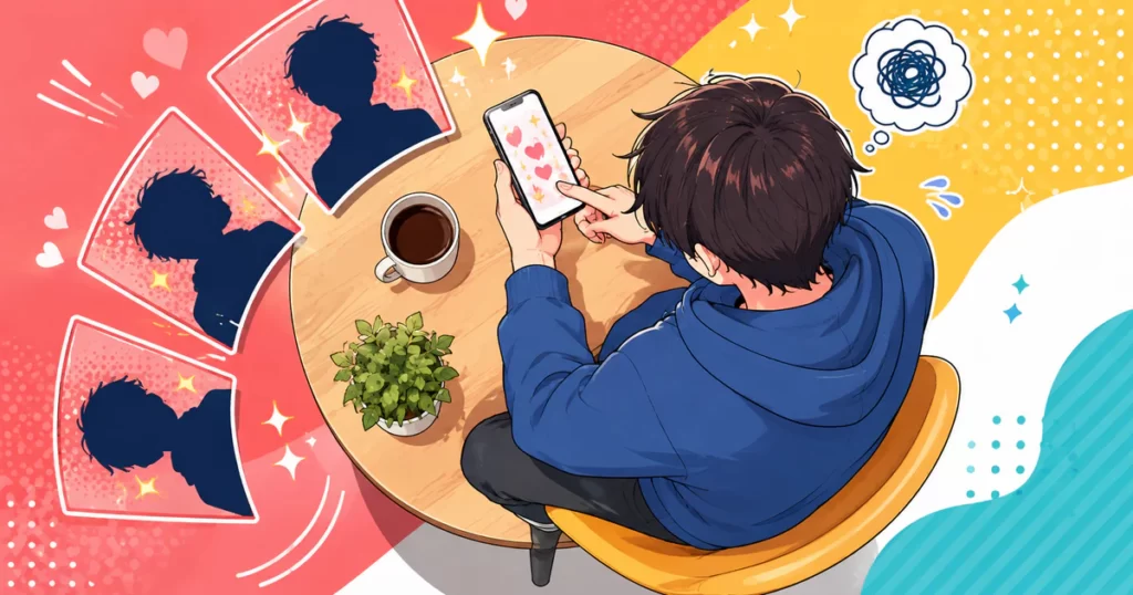 俯瞰構図でスマホの日記を確認し、想像上の相手と自分を比べて不安になる男性