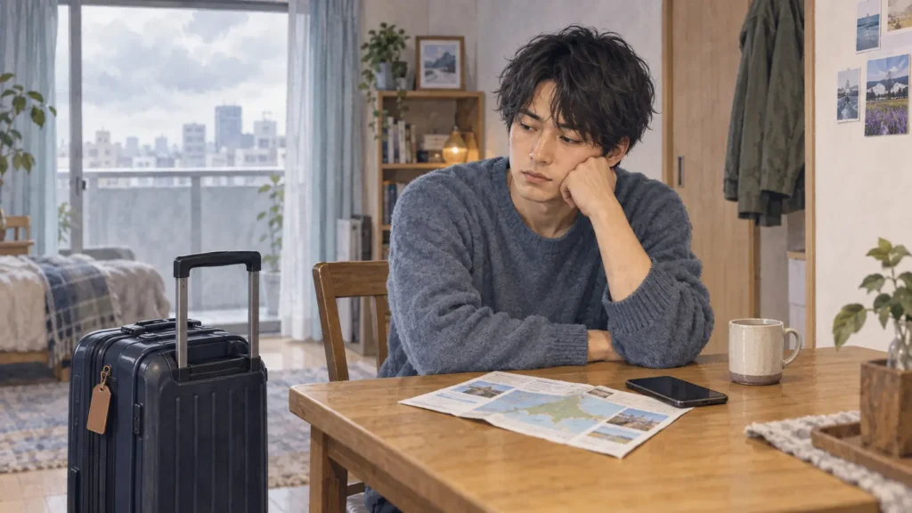旅行かばんと旅程を前に、テーブルで物思いにふける男性のイラスト