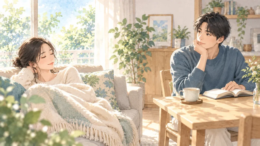 ソファで休む女性と、少し離れた机で本を読みながら見守る男性