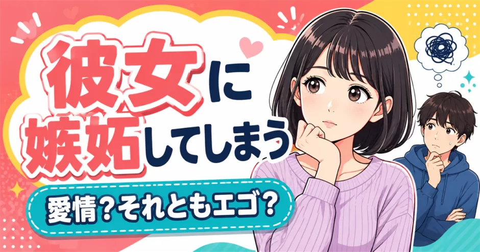 彼女への嫉妬に悩む男性と黒髪ボブの女性を描いたイラスト