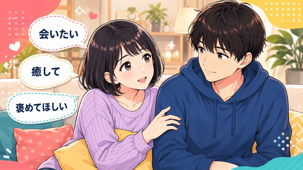 「会いたい」「癒して」「褒めてほしい」と伝え、男性に甘えている女性のイメージ画像