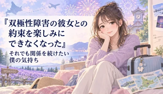 「双極性障害の彼女との約束を楽しみにできなくなった｜それでも関係を続けたい僕の気持ち」というタイトルと、旅行かばんのそばに座る女性、北海道の地図、花火を描いたイラスト