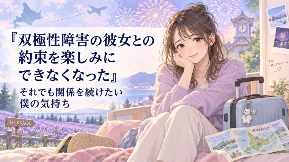 「双極性障害の彼女との約束を楽しみにできなくなった｜それでも関係を続けたい僕の気持ち」というタイトルと、旅行かばんのそばに座る女性、北海道の地図、花火を描いたイラスト