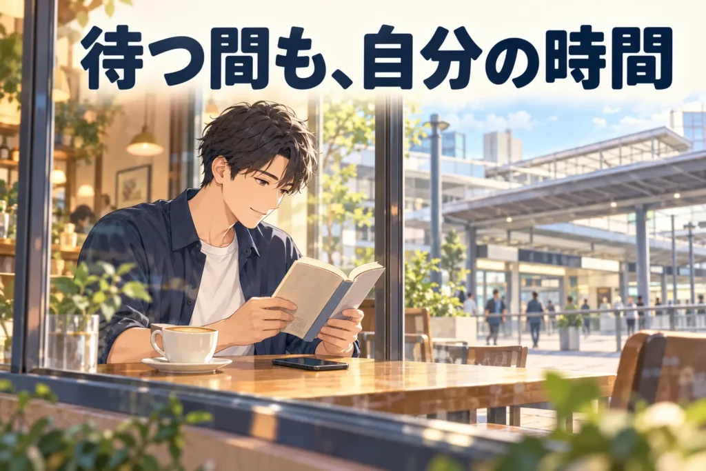 駅が見えるカフェで、スマートフォンをテーブルに置き、コーヒーを飲みながら読書する男性