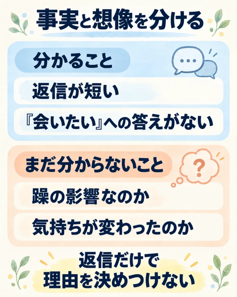 事実と想像を分ける図解。分かるのは返信が短く、会いたいへの答えがないこと。躁の影響か、気持ちが変わったかは分からず、返信だけで理由を決めつけない。