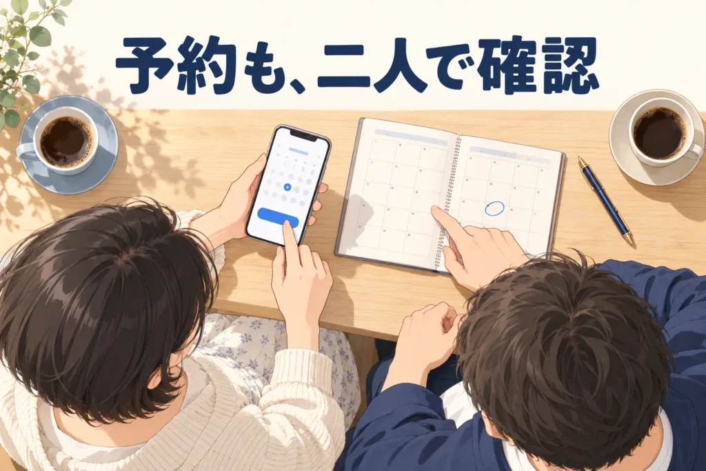 女性がスマートフォンの予約画面を操作し、隣の男性と手帳の予定を確認する様子を真上から描いたイラスト