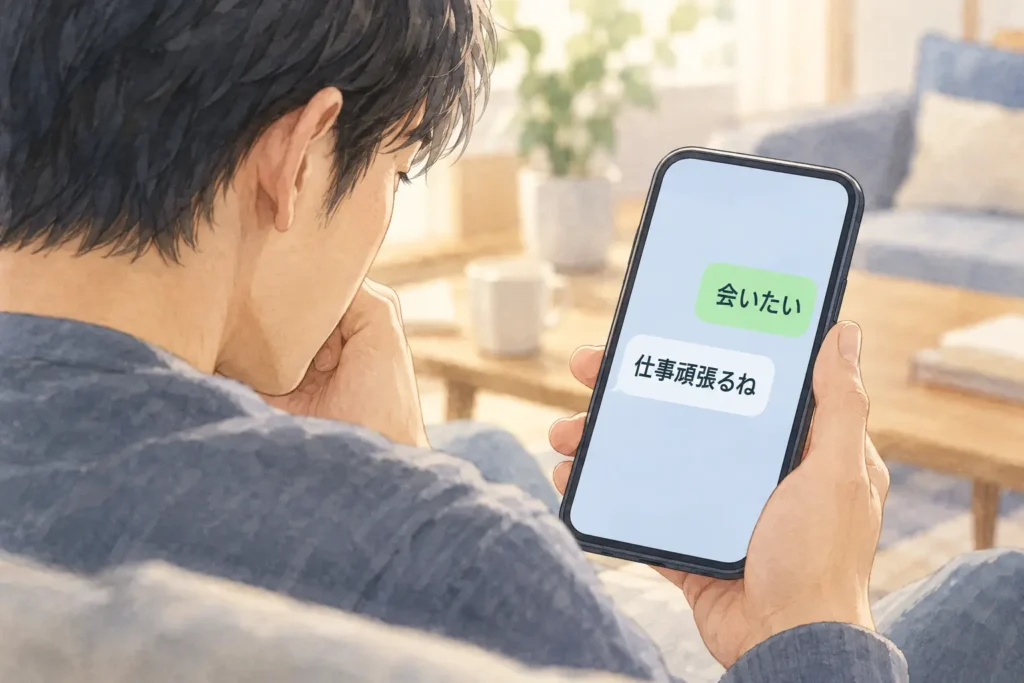 男性の肩越しに見えるスマートフォン。「会いたい」というメッセージに「仕事頑張るね」と返信が届いている。