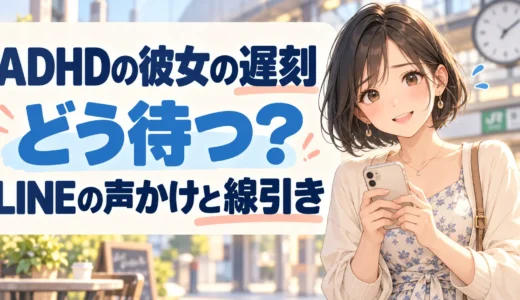 駅前でスマートフォンを持つ黒髪ボブの女性と「ADHDの彼女の遅刻、どう待つ？ LINEの声かけと線引き」の文字を描いたアニメ風イラスト