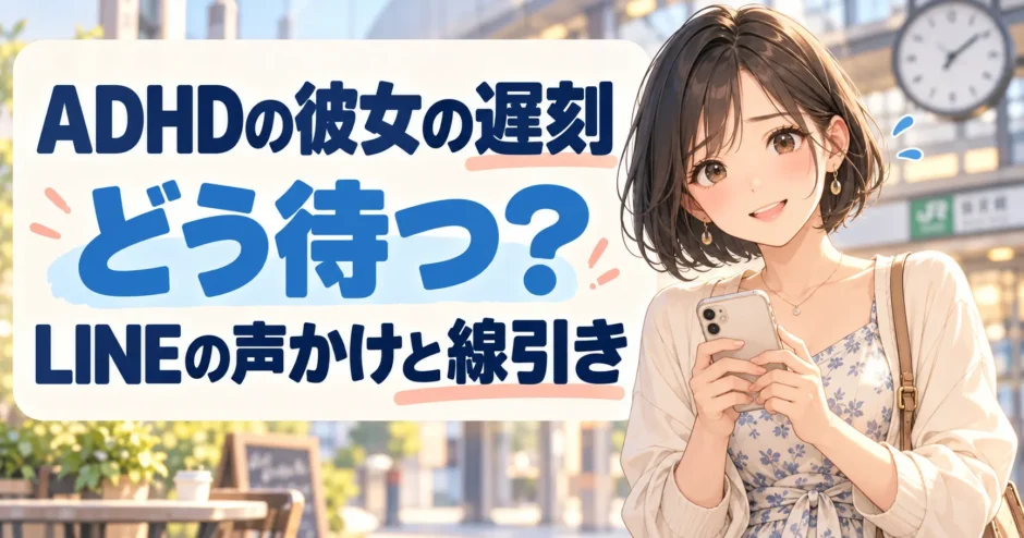 駅前でスマートフォンを持つ黒髪ボブの女性と「ADHDの彼女の遅刻、どう待つ？ LINEの声かけと線引き」の文字を描いたアニメ風イラスト