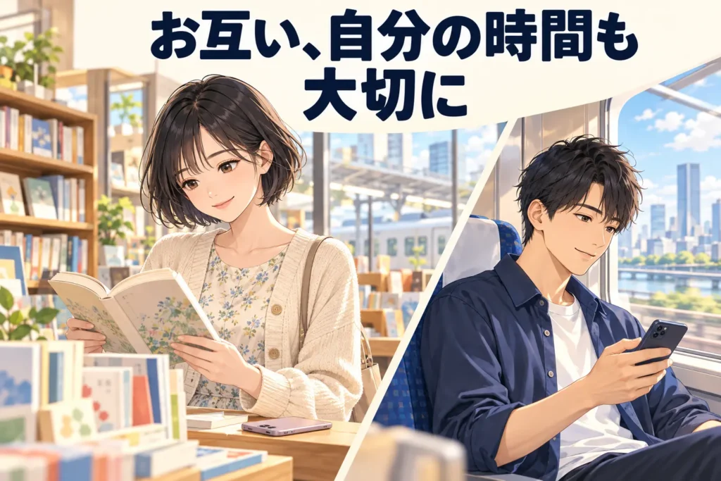 本屋で本を読む黒髪ボブの女性と、電車内でスマートフォンを確認する男性を斜めに分けて描いたイラスト