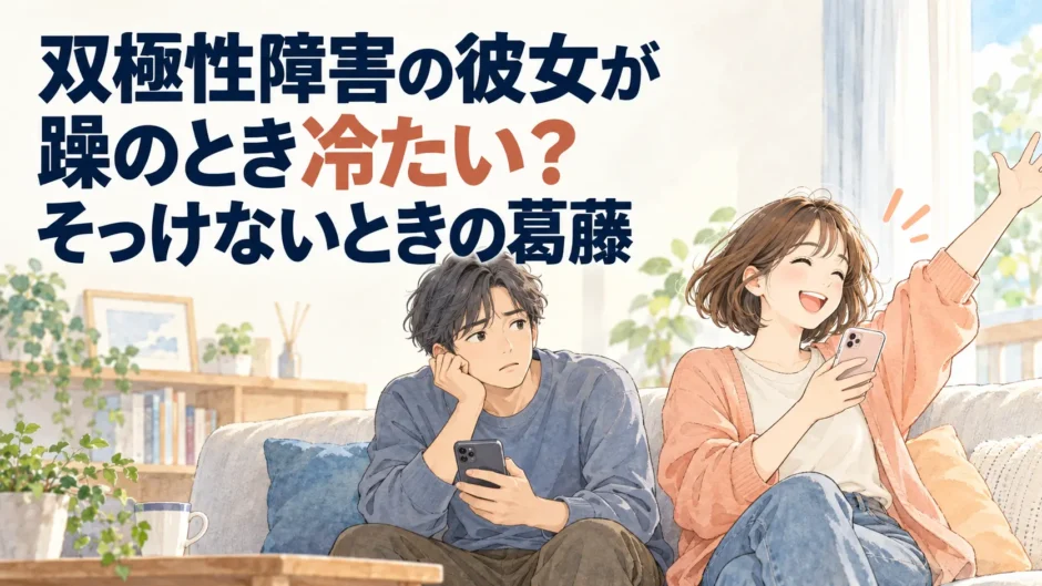 スマートフォンを持って明るく手を上げるショートボブの女性と、隣で頬杖をつき戸惑う男性。「双極性障害の彼女が躁のとき冷たい？そっけないときの葛藤」の文字。
