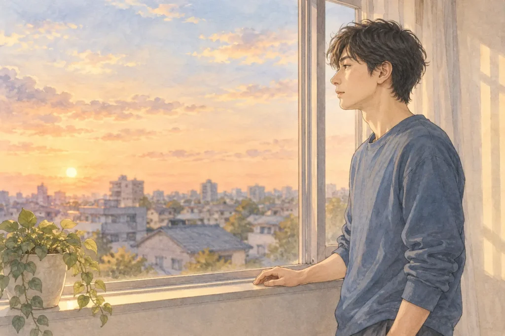 青い服を着た男性が、夕暮れの窓辺に一人で立ち、窓枠に手を添えて外を見つめている。